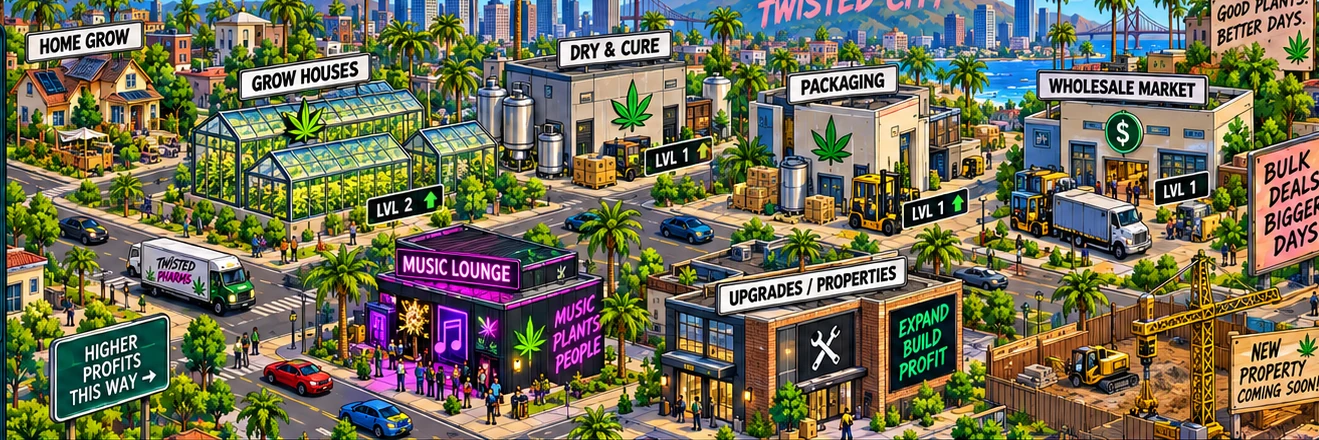 Twisted City illustrated neighborhood, grow houses, drying facility, packaging warehouse, wholesale marketplace, music lounge and construction lot
